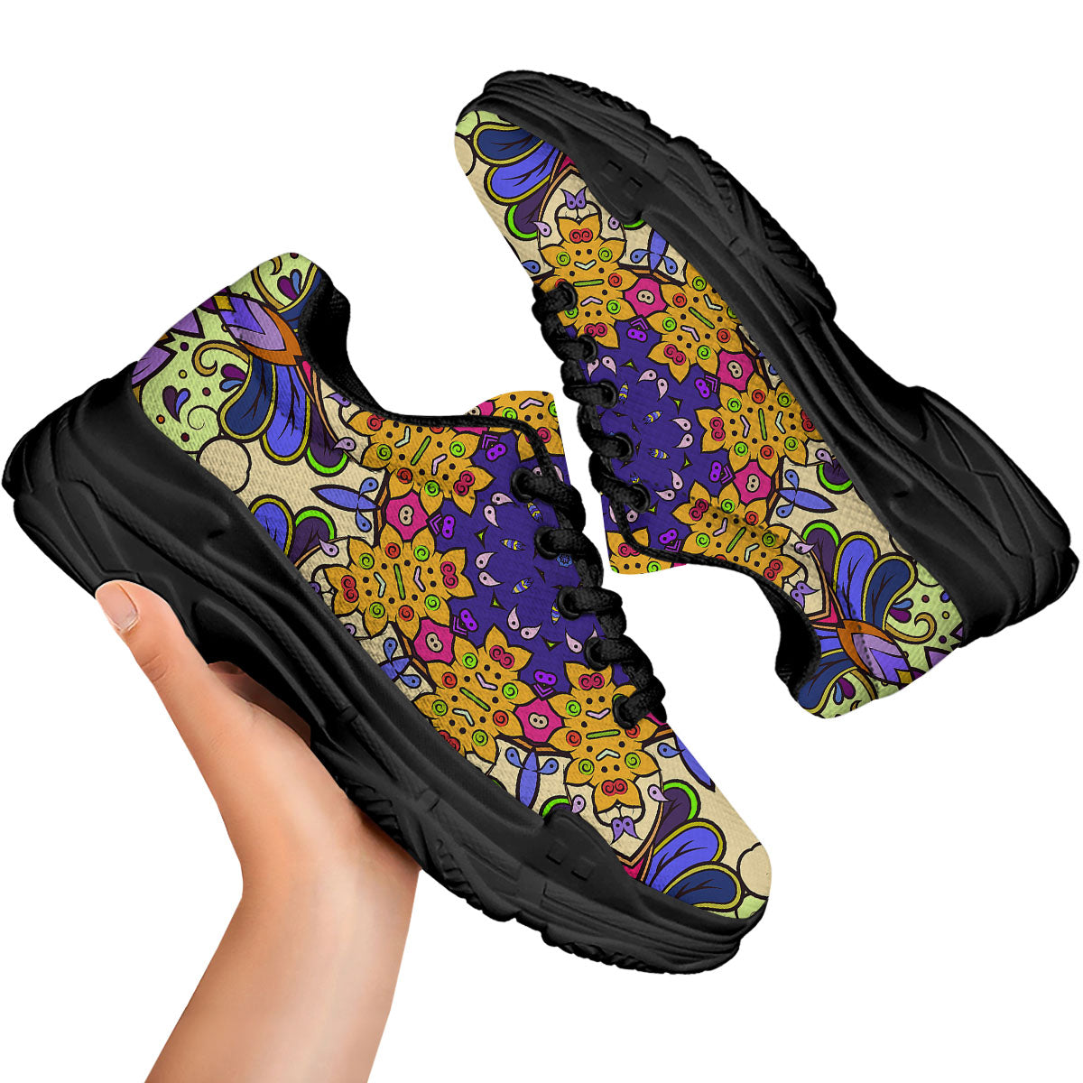 Trippy Psychedelic Ethnic Print Black Chunky Shoes-grizzshop