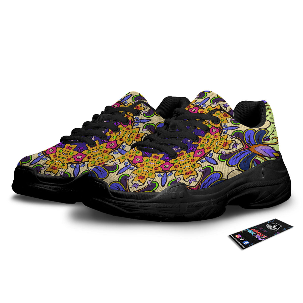 Trippy Psychedelic Ethnic Print Black Chunky Shoes-grizzshop
