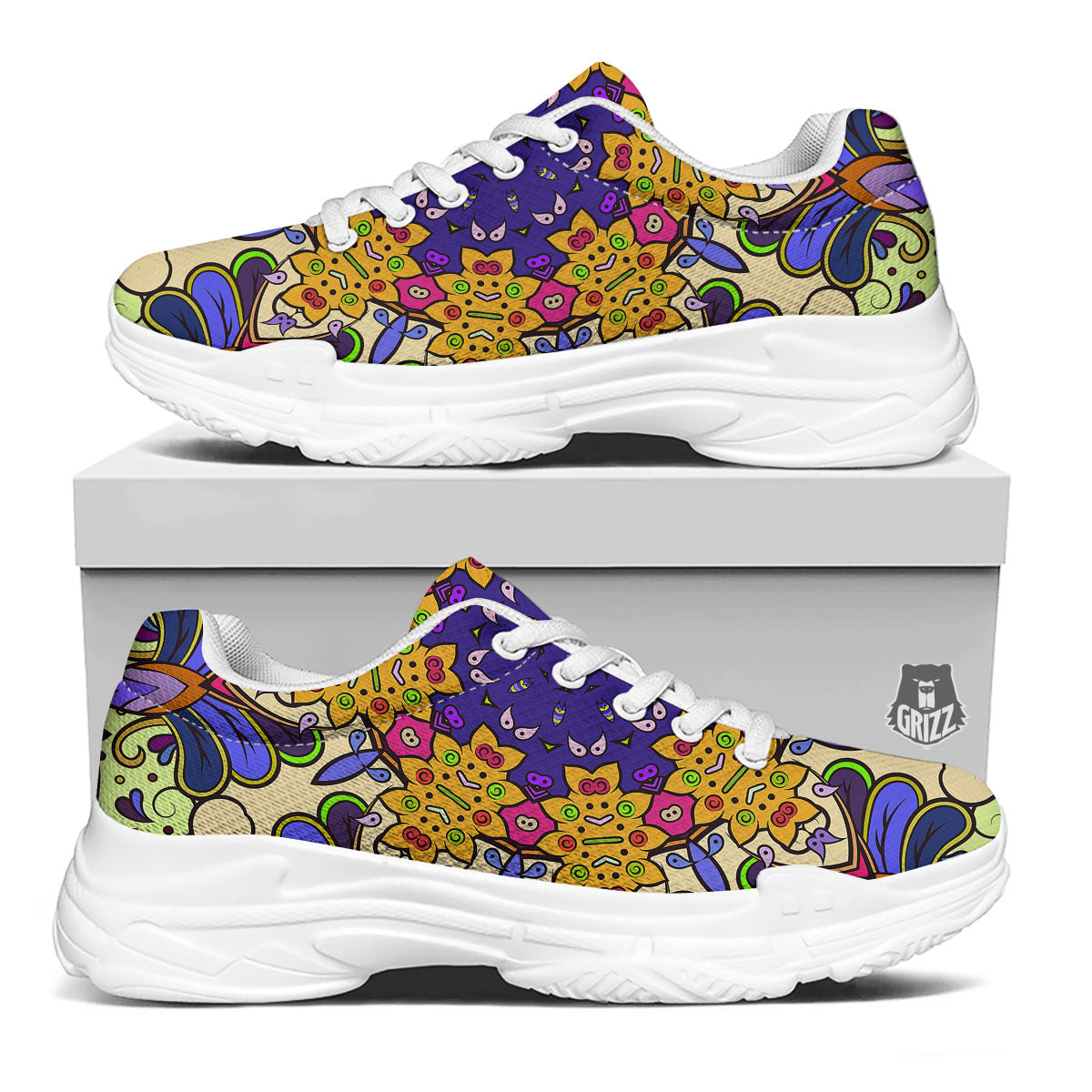 Trippy Psychedelic Ethnic Print White Chunky Shoes-grizzshop