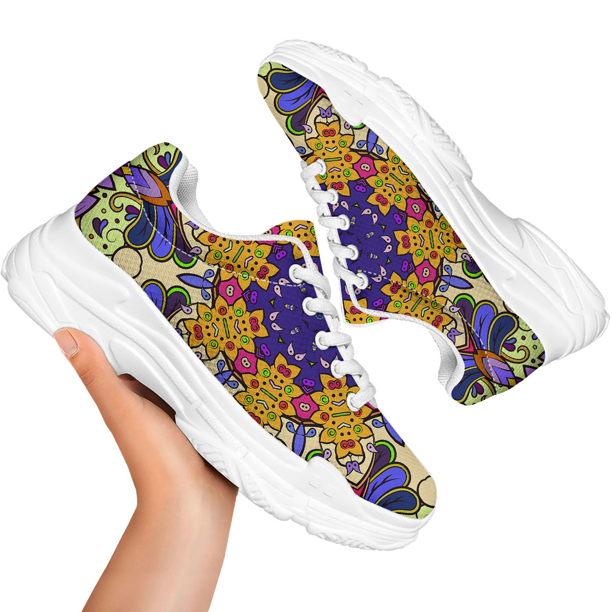 Trippy Psychedelic Ethnic Print White Chunky Shoes-grizzshop