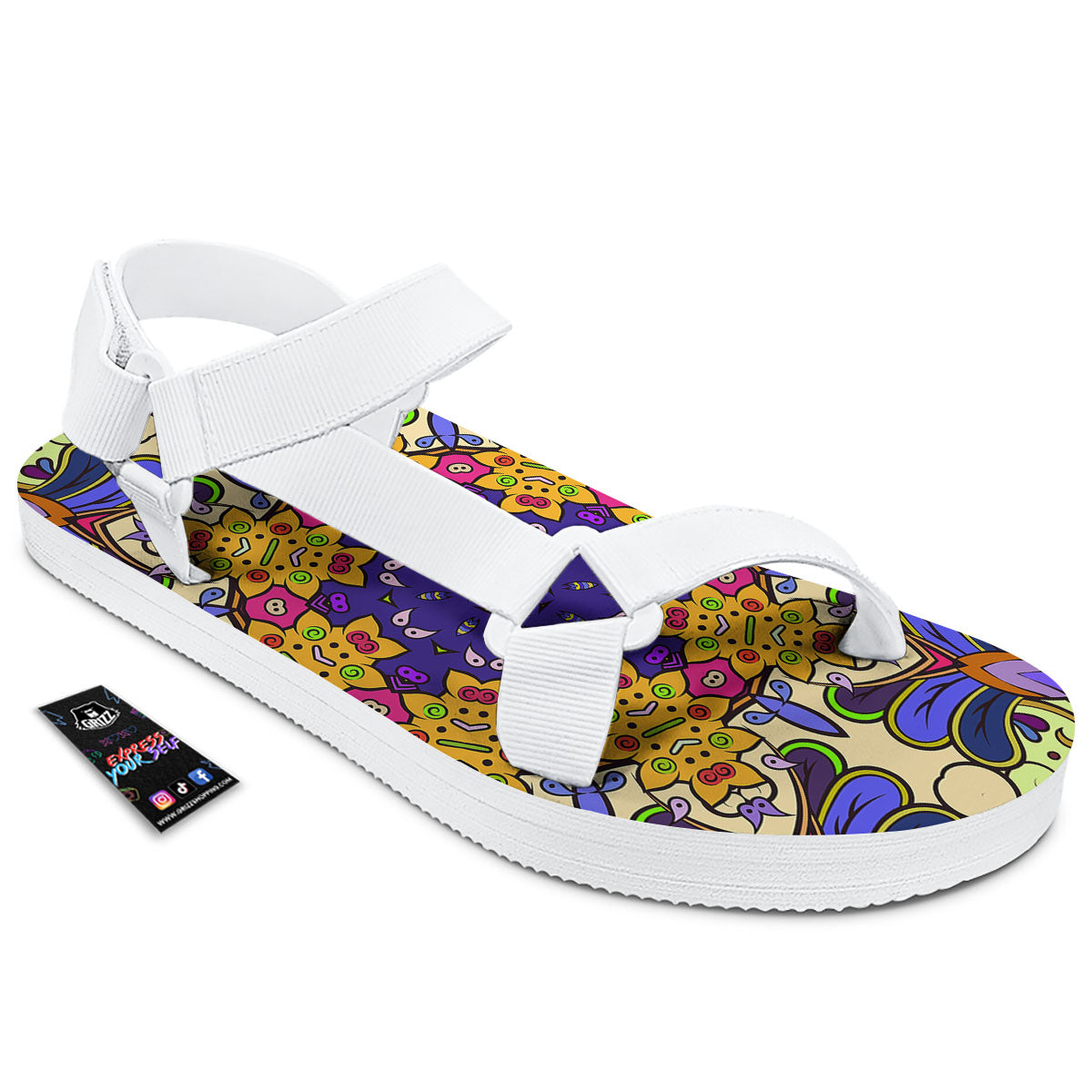 Trippy Psychedelic Ethnic Print White Open Toe Sandals-grizzshop