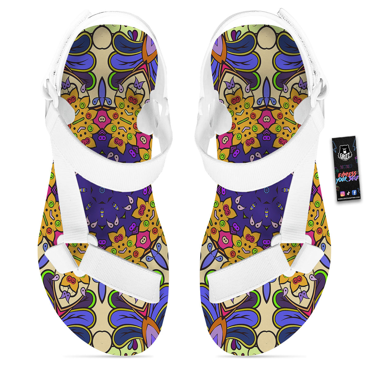 Trippy Psychedelic Ethnic Print White Open Toe Sandals-grizzshop