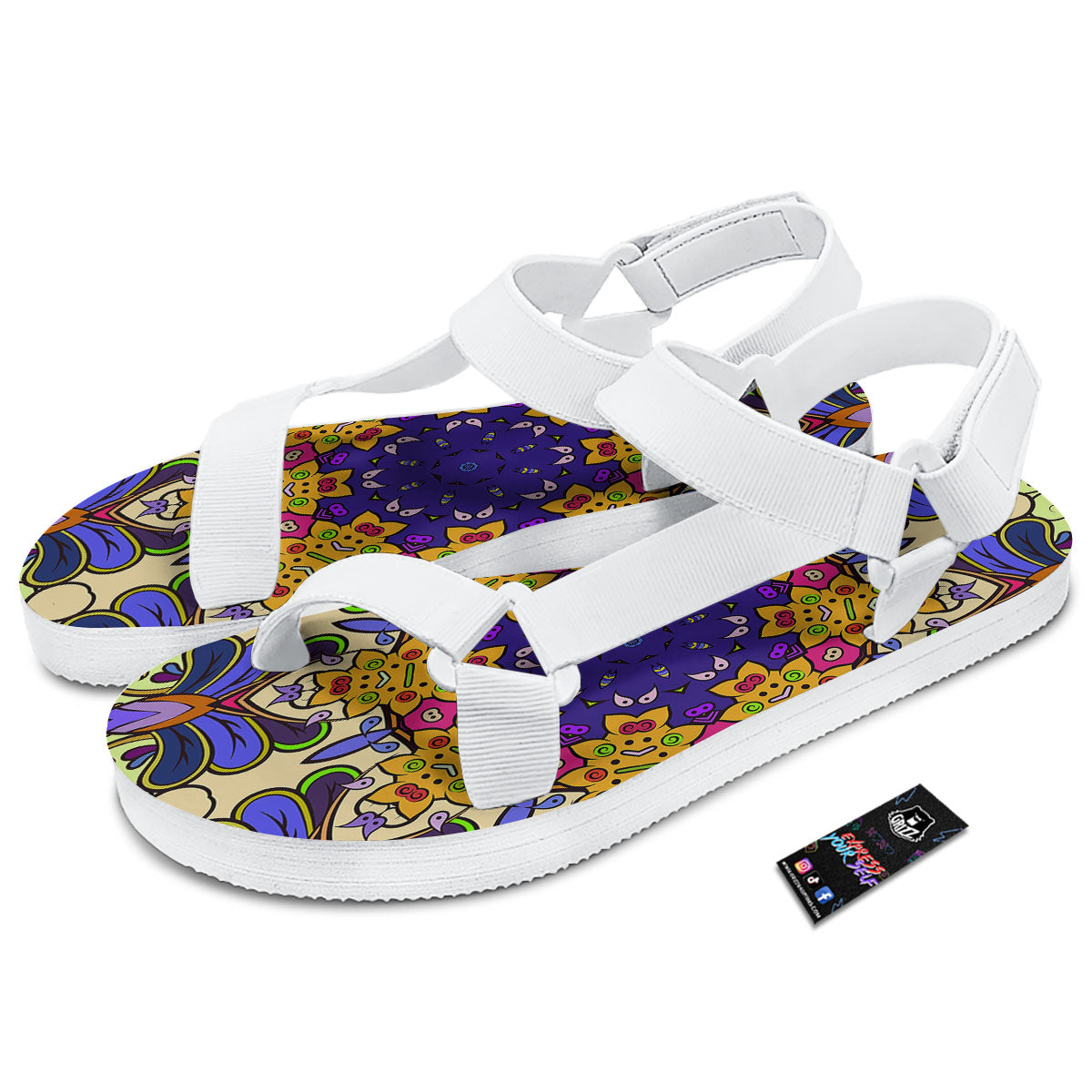 Trippy Psychedelic Ethnic Print White Open Toe Sandals-grizzshop