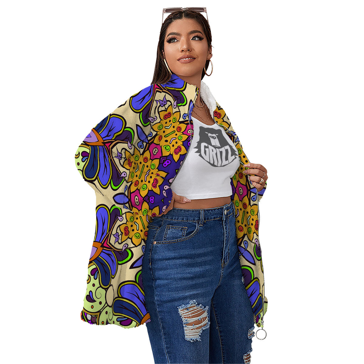 Trippy Psychedelic Ethnic Print Women's Sherpa Jacket-grizzshop