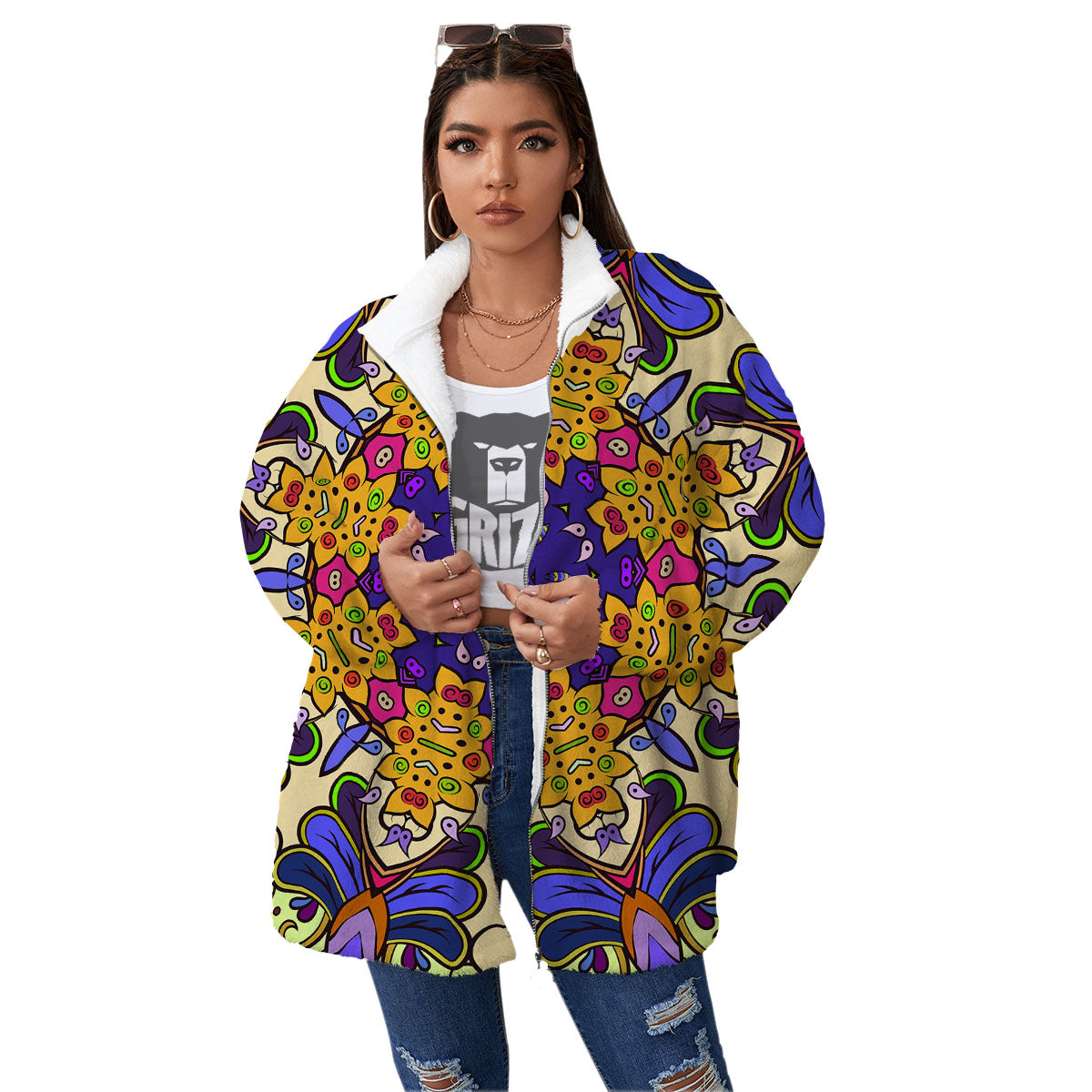 Trippy Psychedelic Ethnic Print Women's Sherpa Jacket-grizzshop