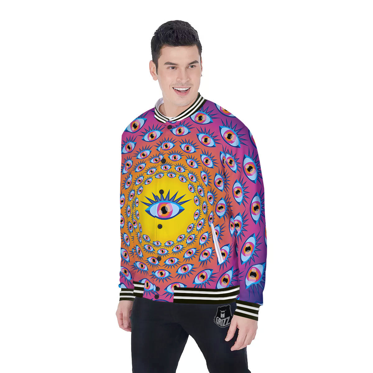 Trippy Psychedelic Eyes Print Baseball Jacket-grizzshop