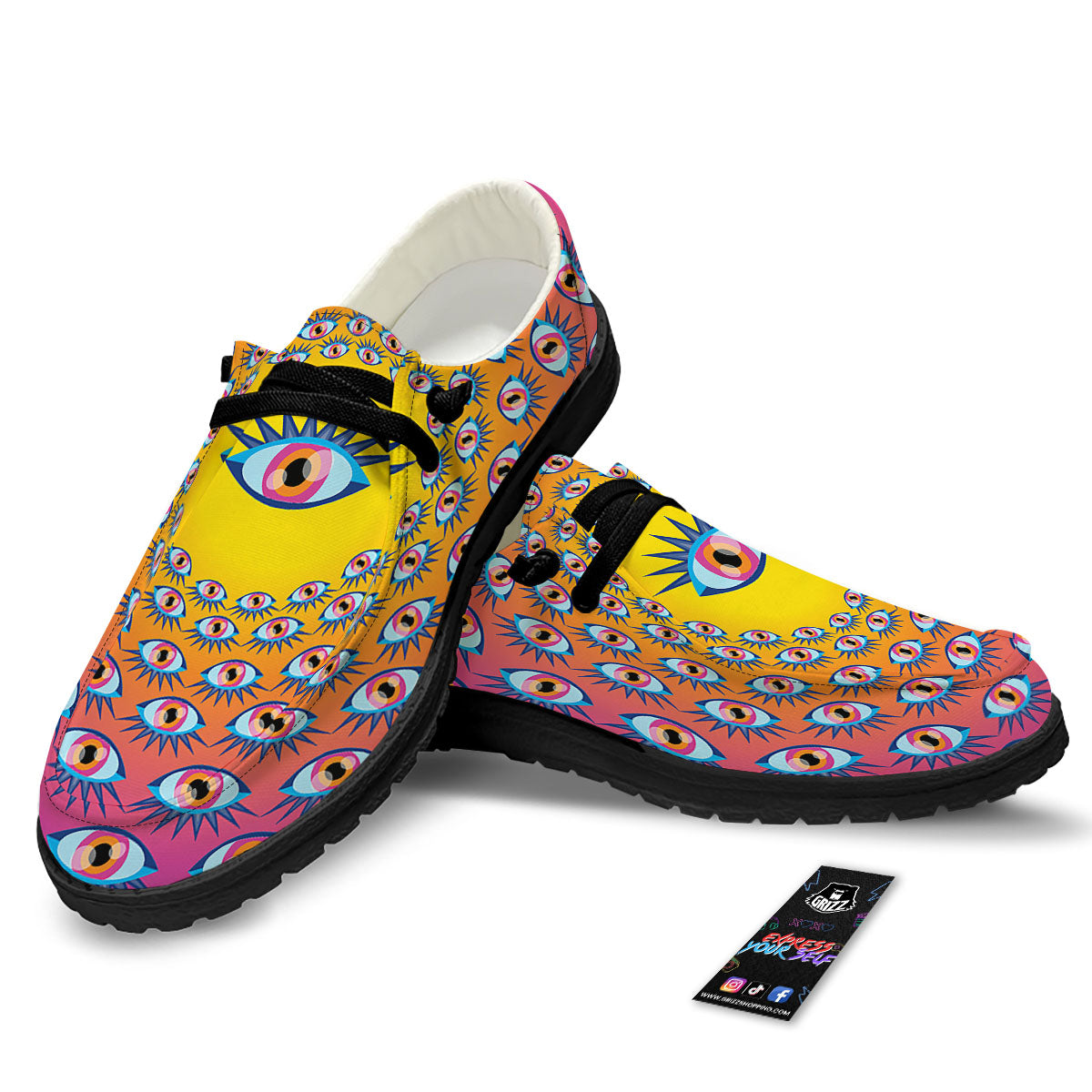 Trippy Psychedelic Eyes Print Black Loafers-grizzshop