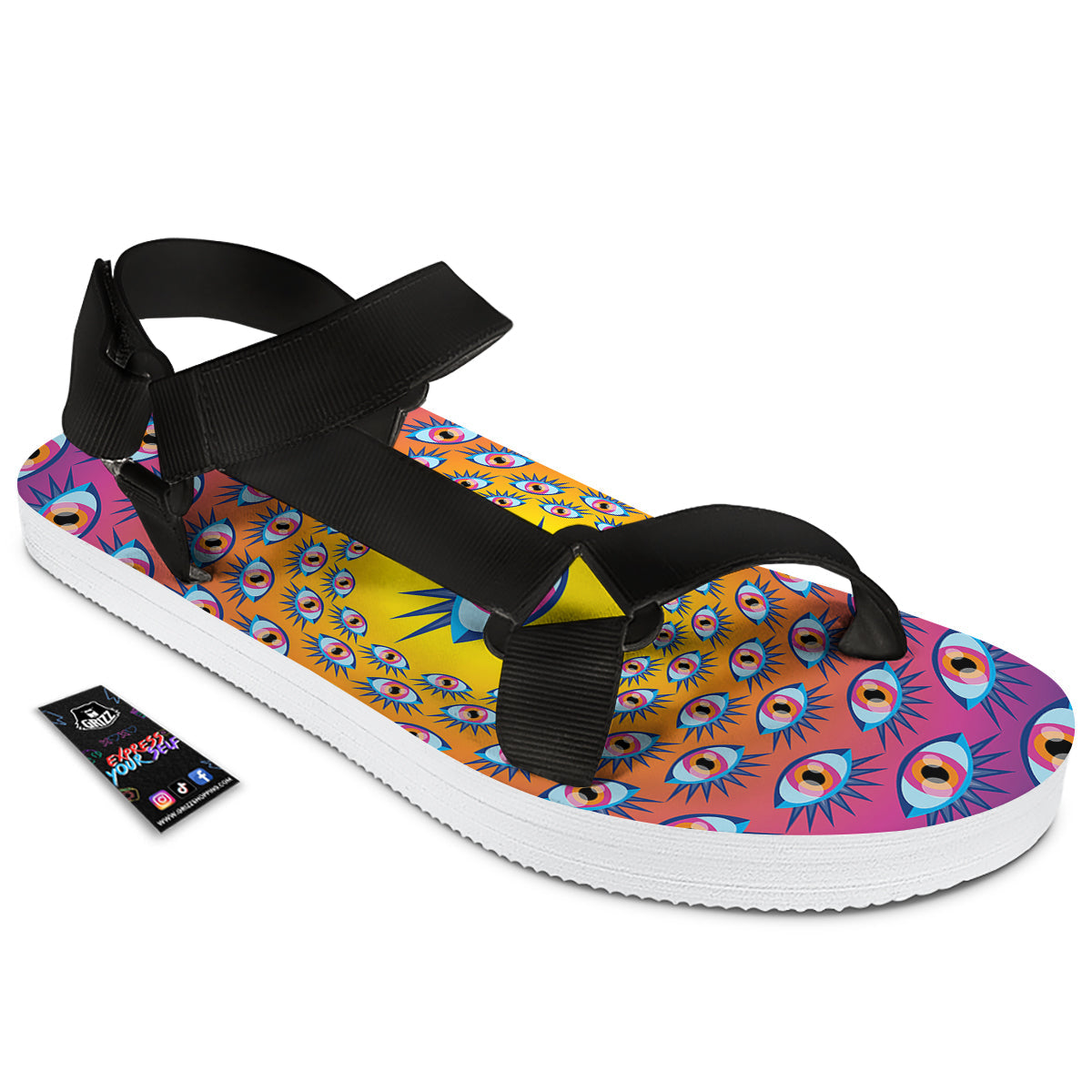 Trippy Psychedelic Eyes Print Black Open Toe Sandals-grizzshop