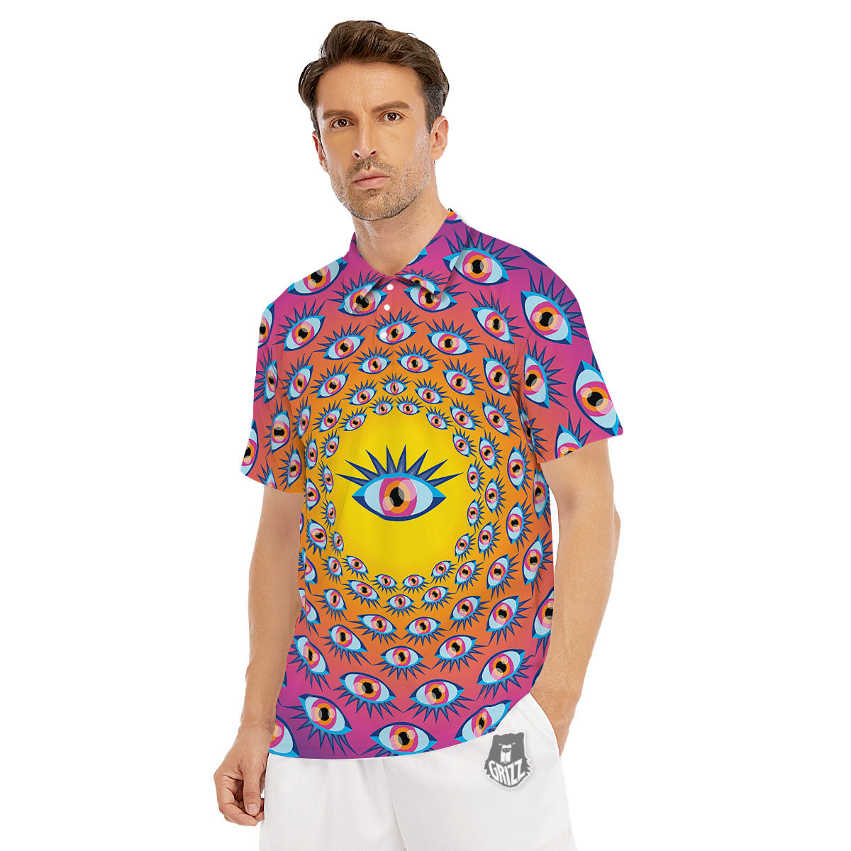 Trippy Psychedelic Eyes Print Men's Golf Shirts-grizzshop