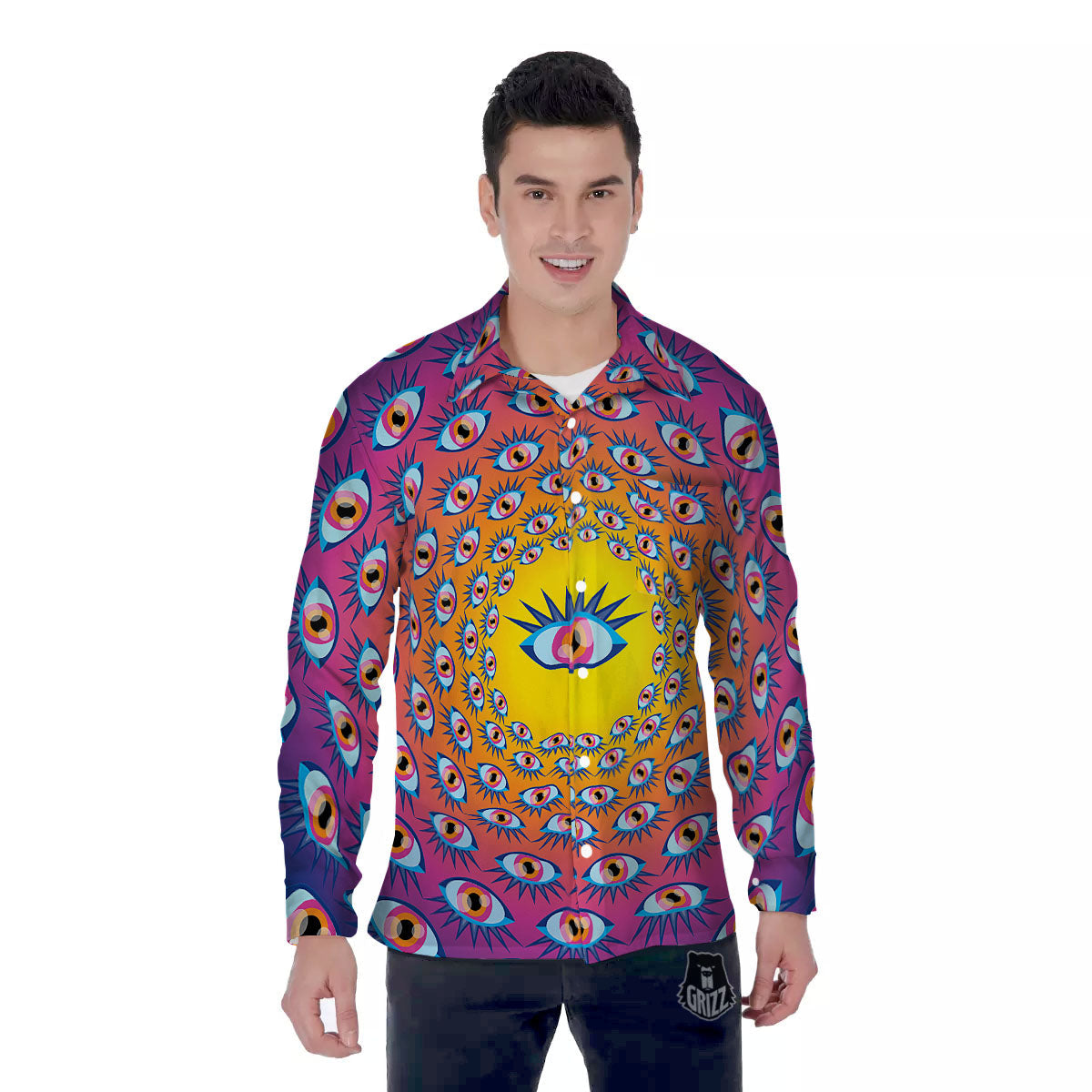 Trippy Psychedelic Eyes Print Men's Long Sleeve Shirts-grizzshop