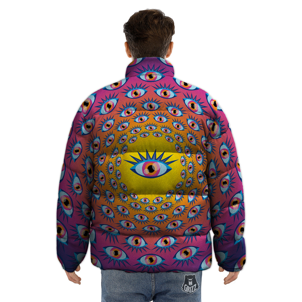 Trippy Psychedelic Eyes Print Puffer Jacket-grizzshop