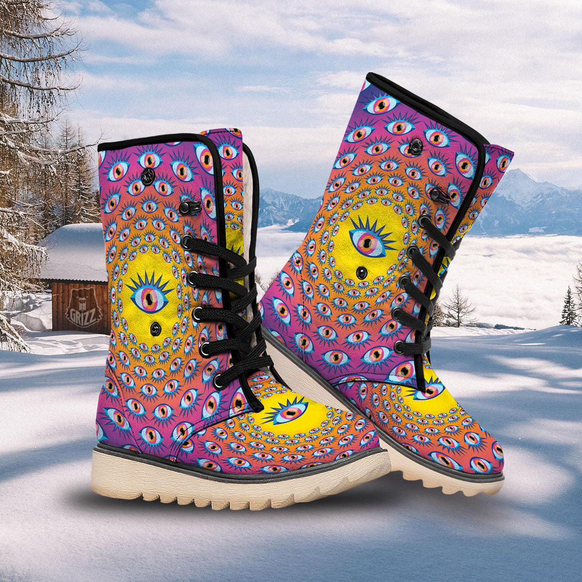 Trippy Psychedelic Eyes Print Snow Boots-grizzshop