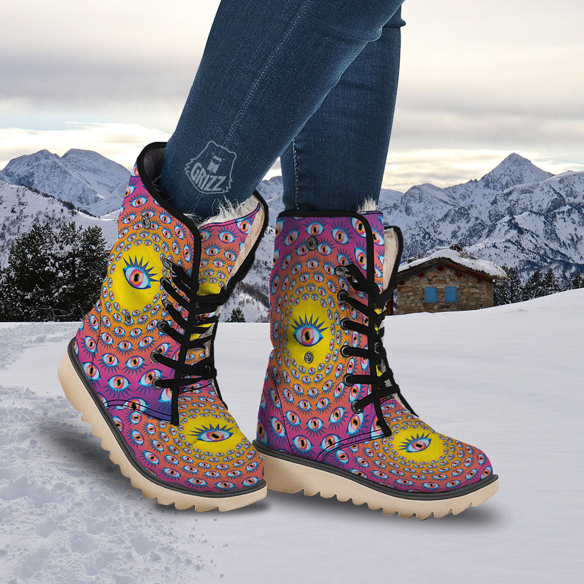 Trippy Psychedelic Eyes Print Snow Boots-grizzshop