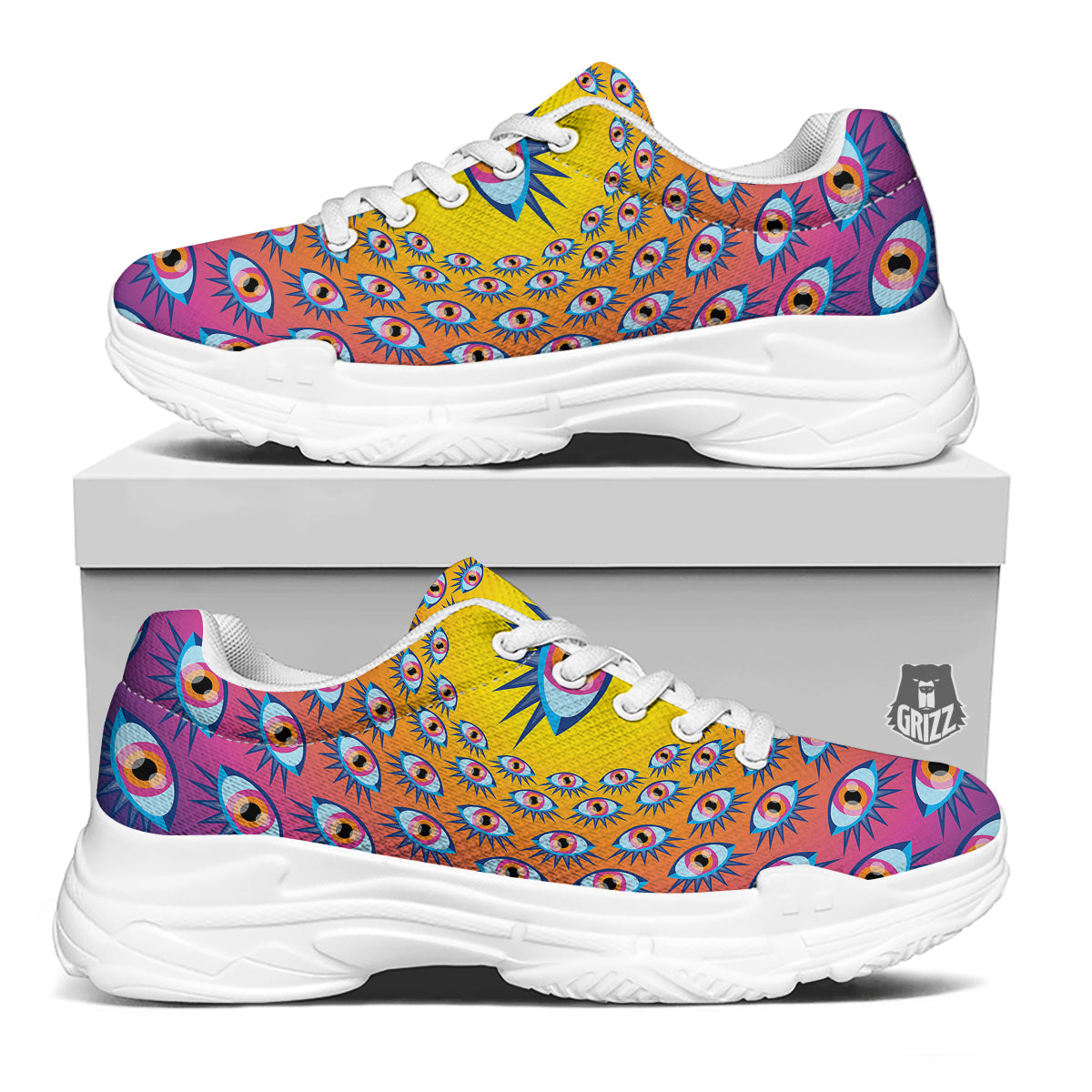 Trippy Psychedelic Eyes Print White Chunky Shoes-grizzshop