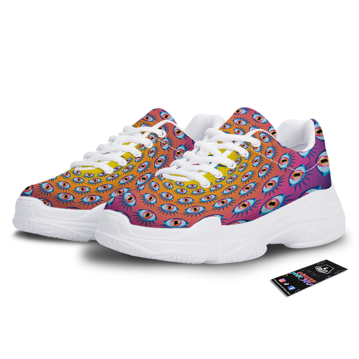 Trippy Psychedelic Eyes Print White Chunky Shoes-grizzshop