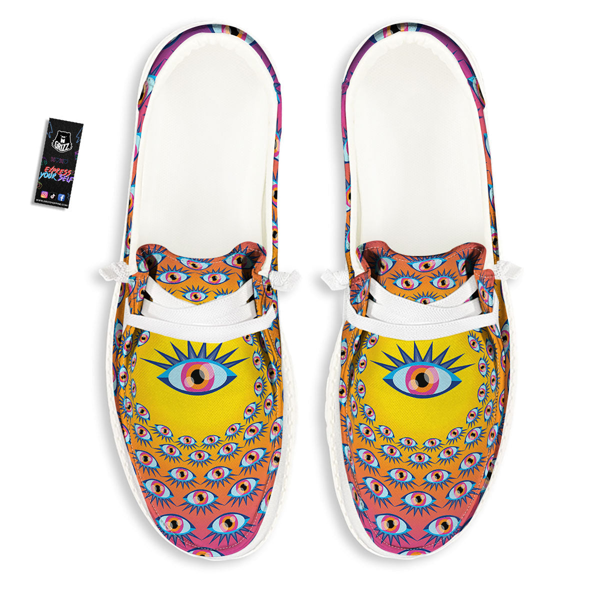 Trippy Psychedelic Eyes Print White Loafers-grizzshop