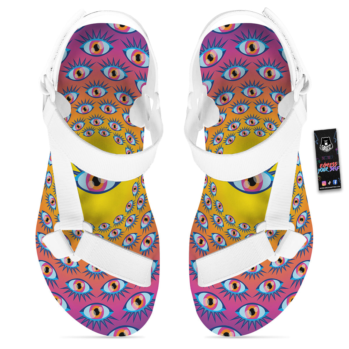 Trippy Psychedelic Eyes Print White Open Toe Sandals-grizzshop