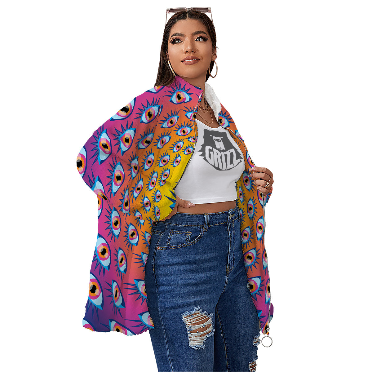 Trippy Psychedelic Eyes Print Women's Sherpa Jacket-grizzshop