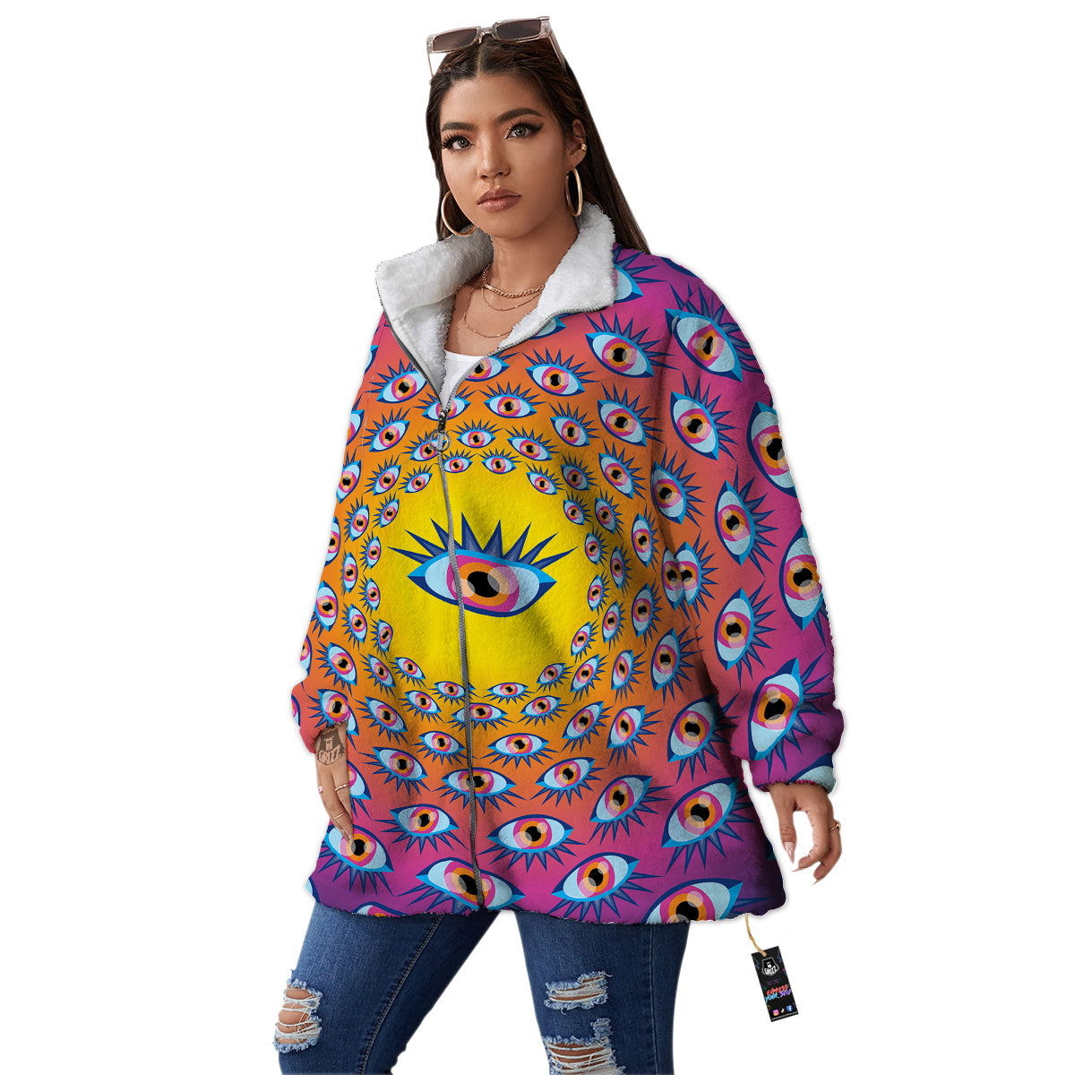 Trippy Psychedelic Eyes Print Women's Sherpa Jacket-grizzshop