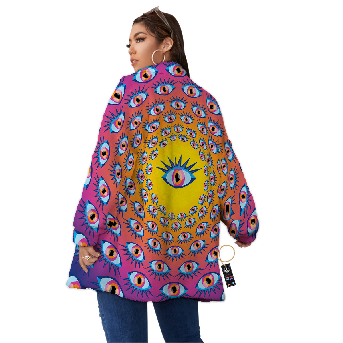 Trippy Psychedelic Eyes Print Women's Sherpa Jacket-grizzshop