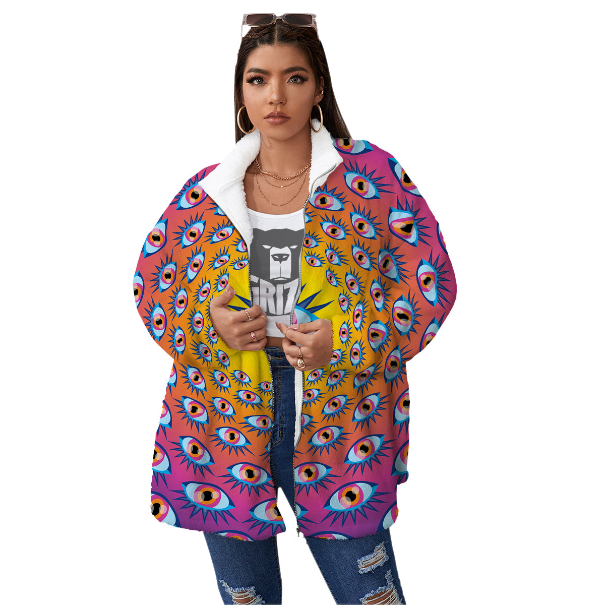 Trippy Psychedelic Eyes Print Women's Sherpa Jacket-grizzshop