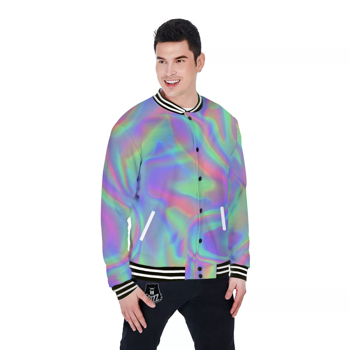 Trippy Psychedelic Holographic Print Baseball Jacket-grizzshop