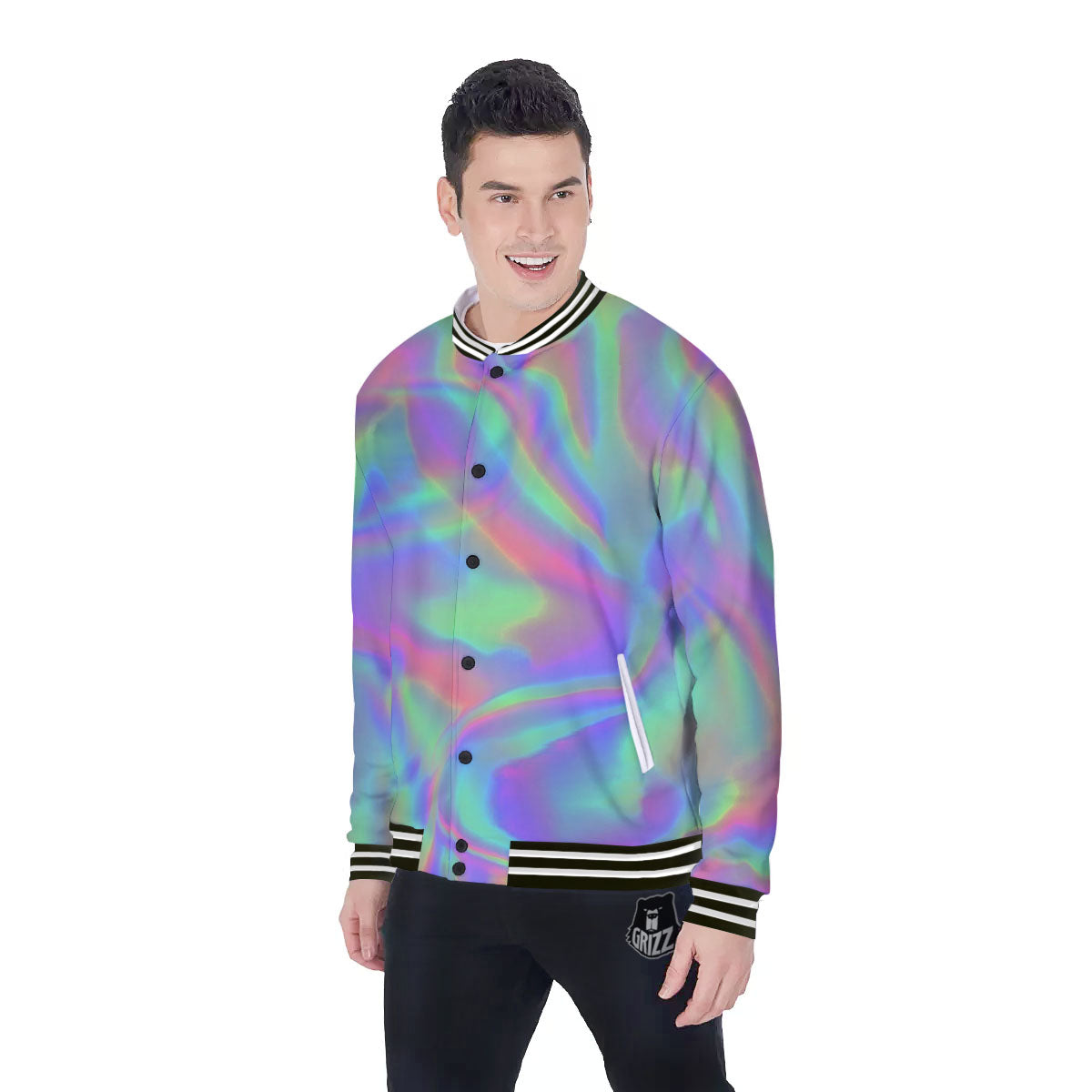Trippy Psychedelic Holographic Print Baseball Jacket-grizzshop
