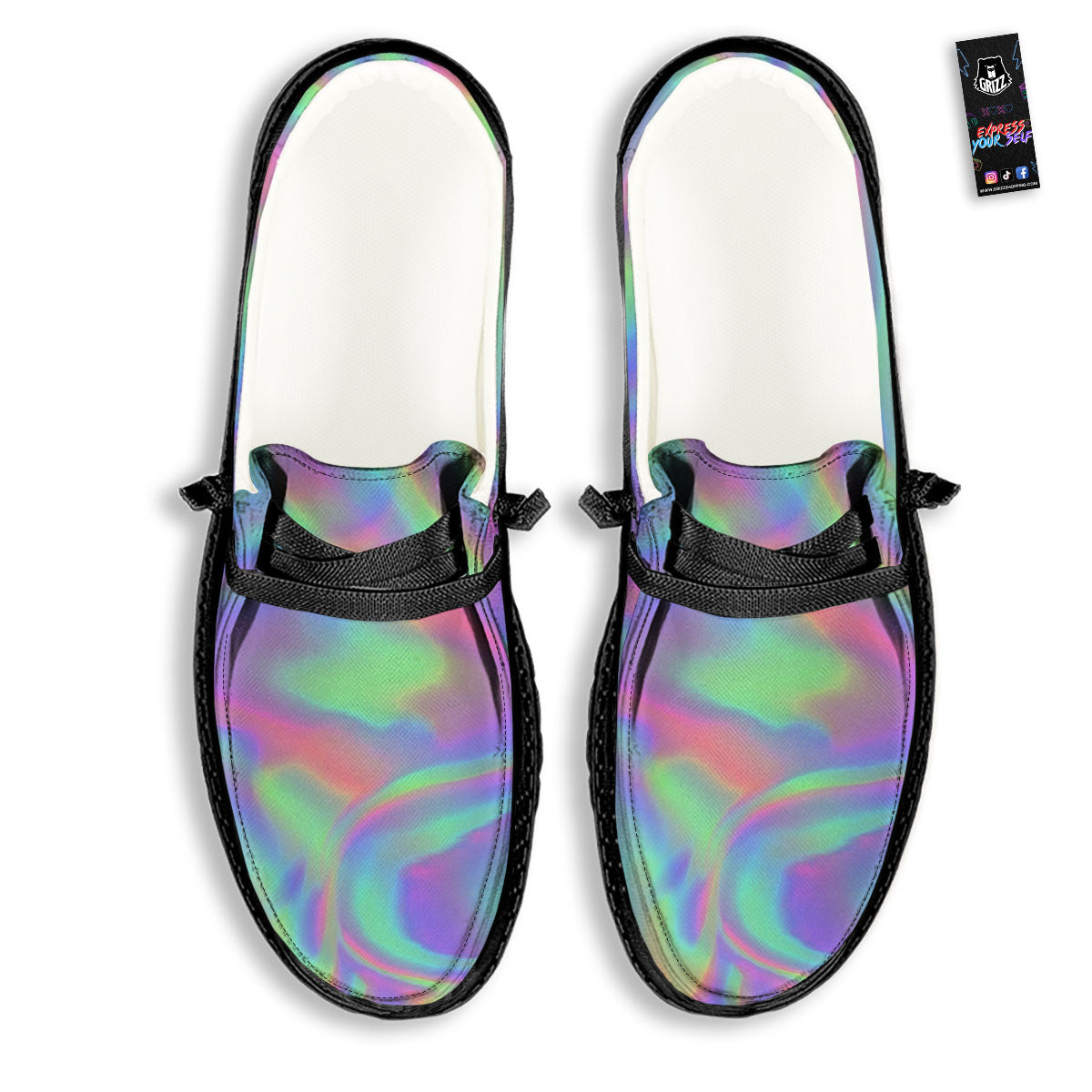 Trippy Psychedelic Holographic Print Black Loafers-grizzshop