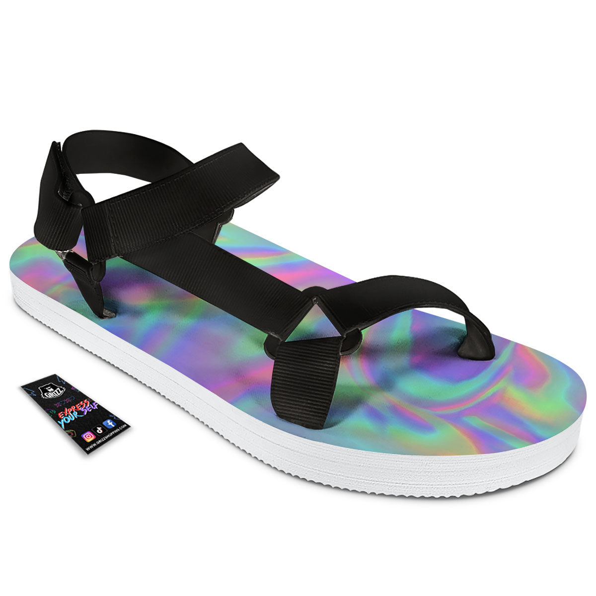 Trippy Psychedelic Holographic Print Black Open Toe Sandals-grizzshop