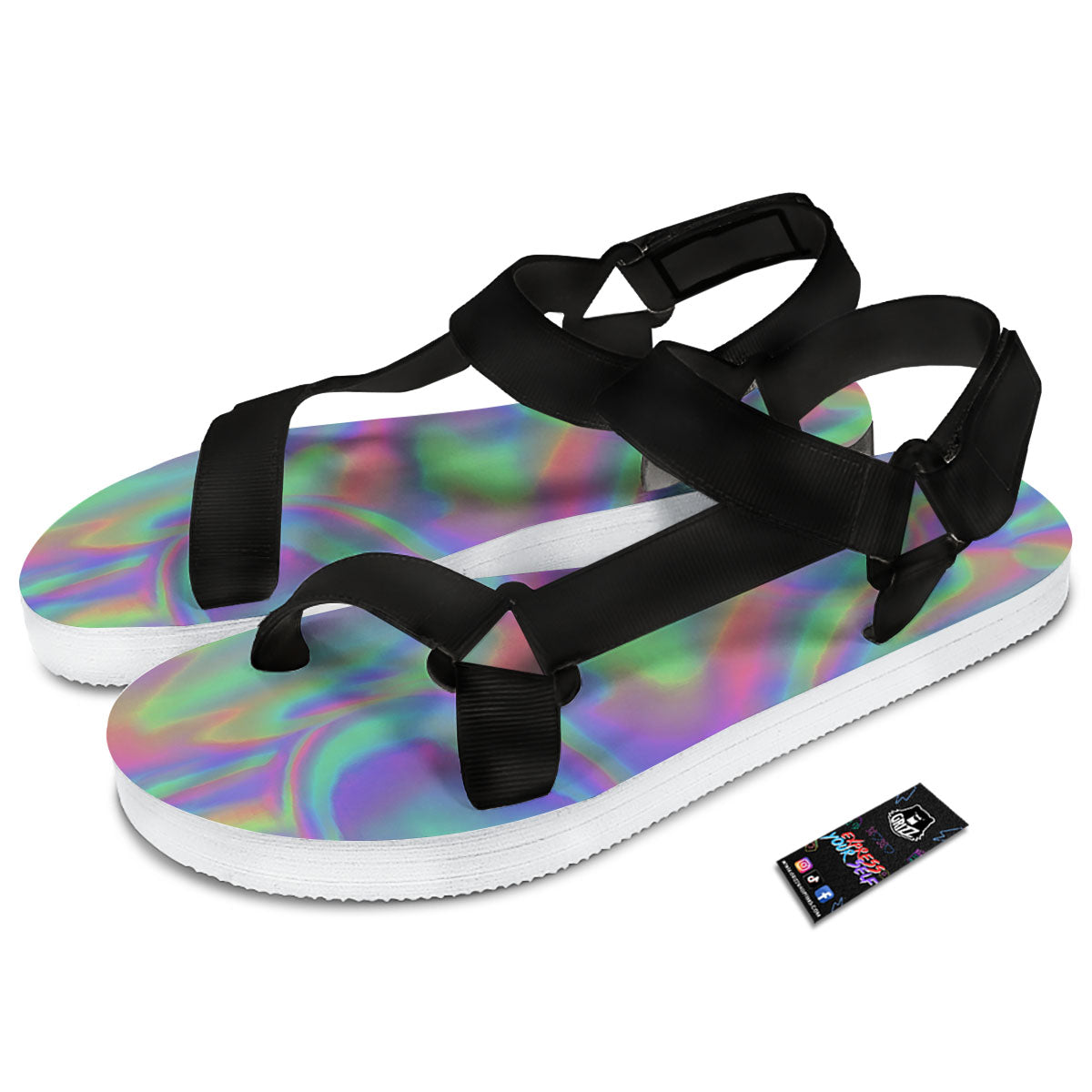 Trippy Psychedelic Holographic Print Black Open Toe Sandals-grizzshop