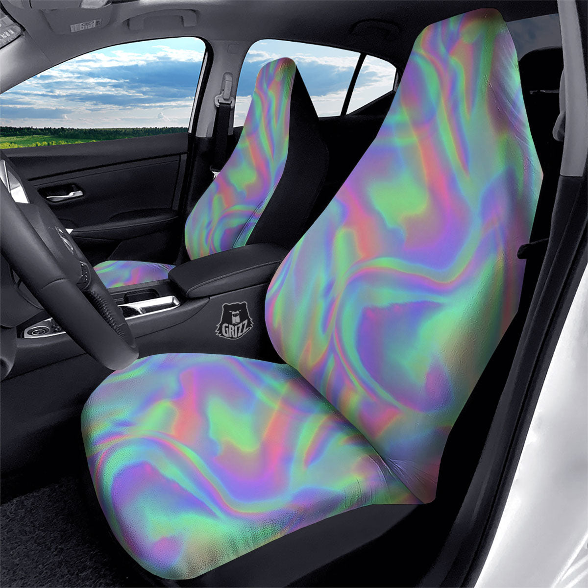 Trippy Psychedelic Holographic Print Car Seat Covers-grizzshop