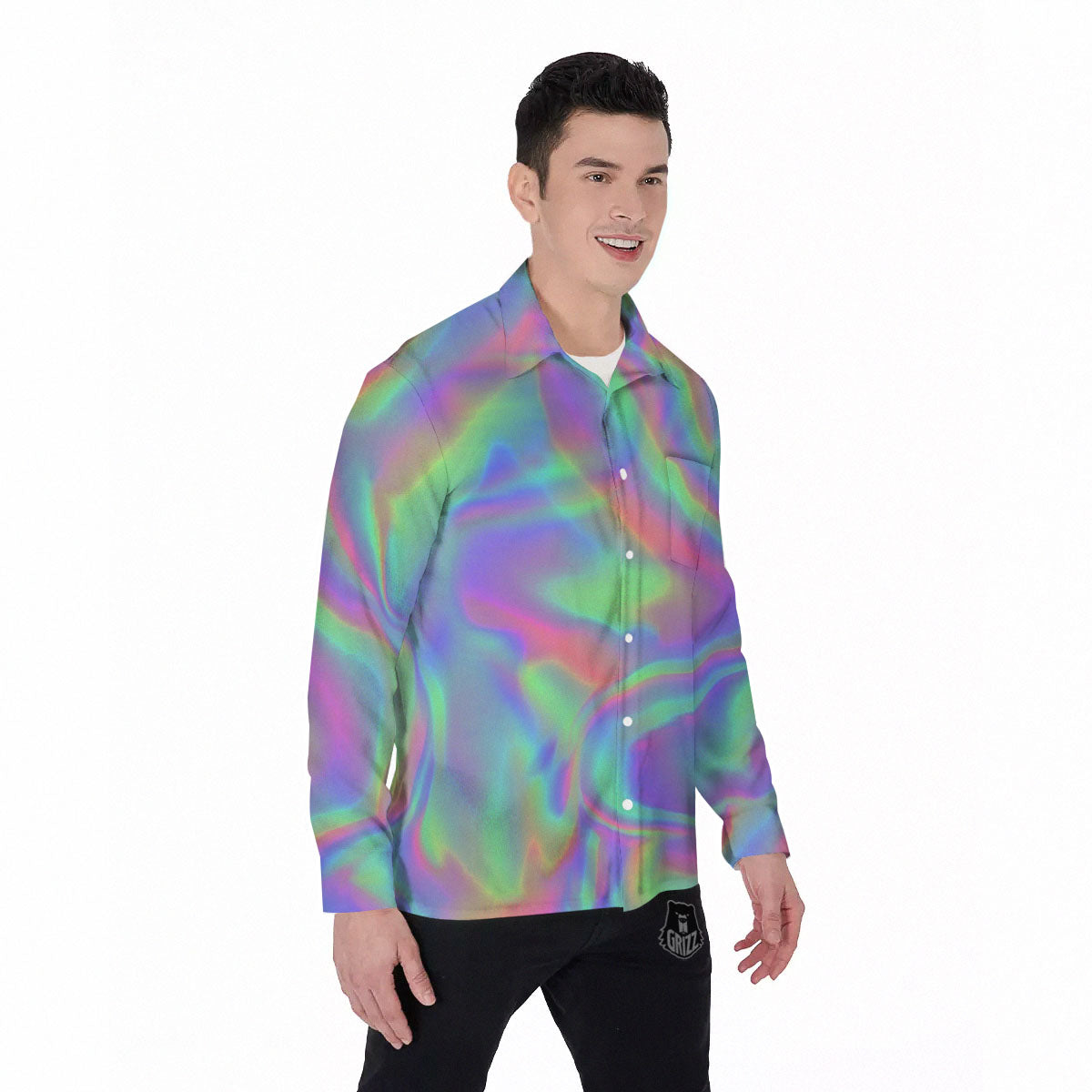 Trippy Psychedelic Holographic Print Men's Long Sleeve Shirts-grizzshop