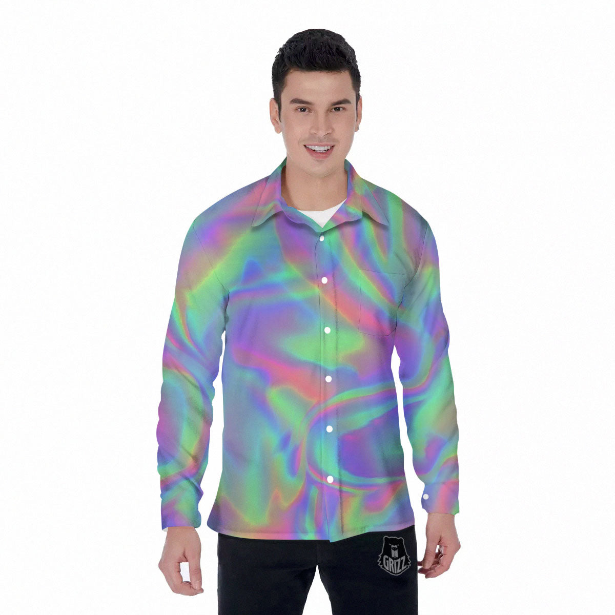 Trippy Psychedelic Holographic Print Men's Long Sleeve Shirts-grizzshop