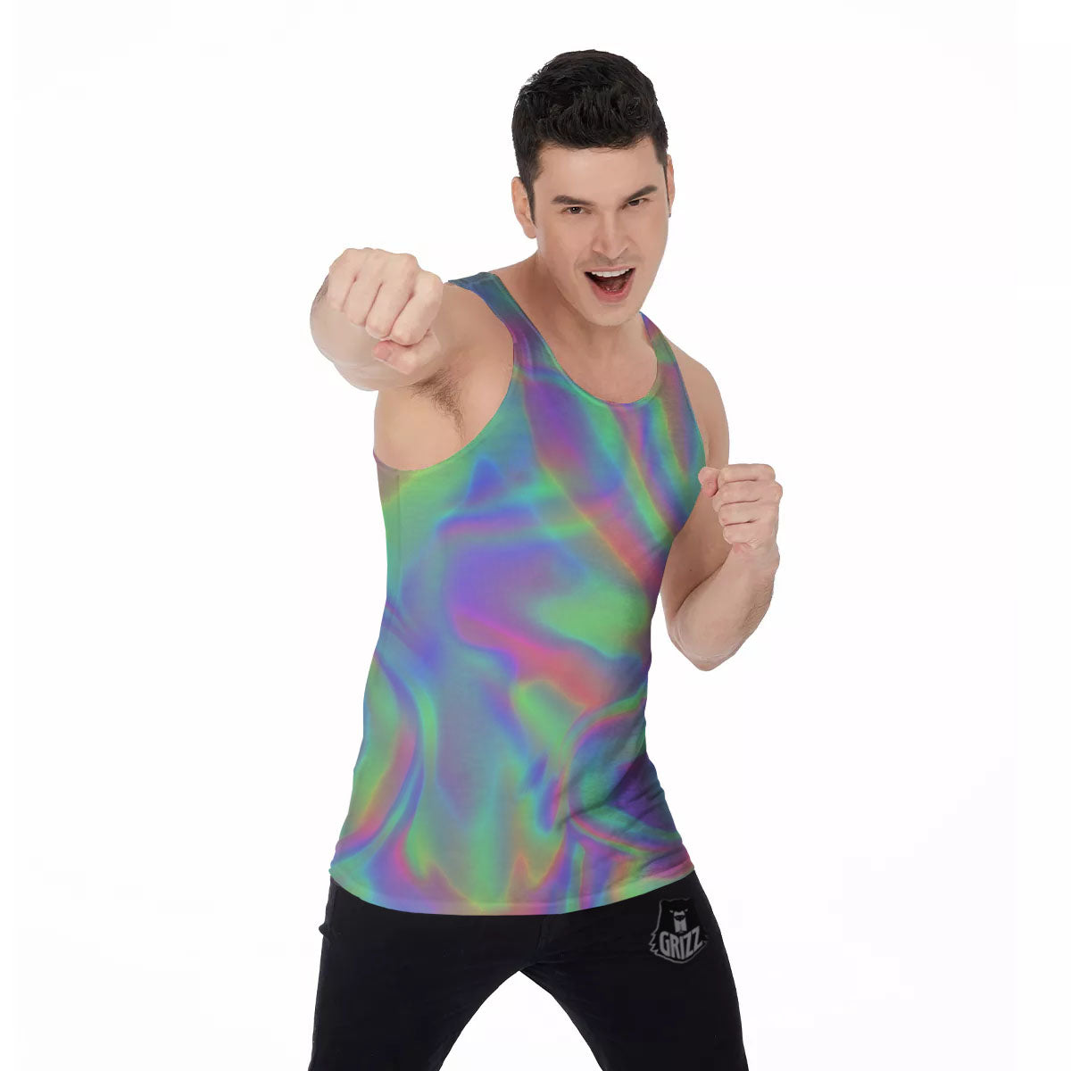 Trippy Psychedelic Holographic Print Men's Tank Top-grizzshop