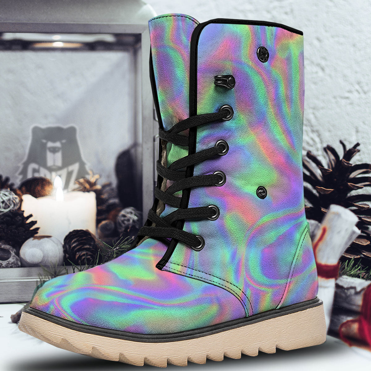 Trippy Psychedelic Holographic Print Snow Boots-grizzshop