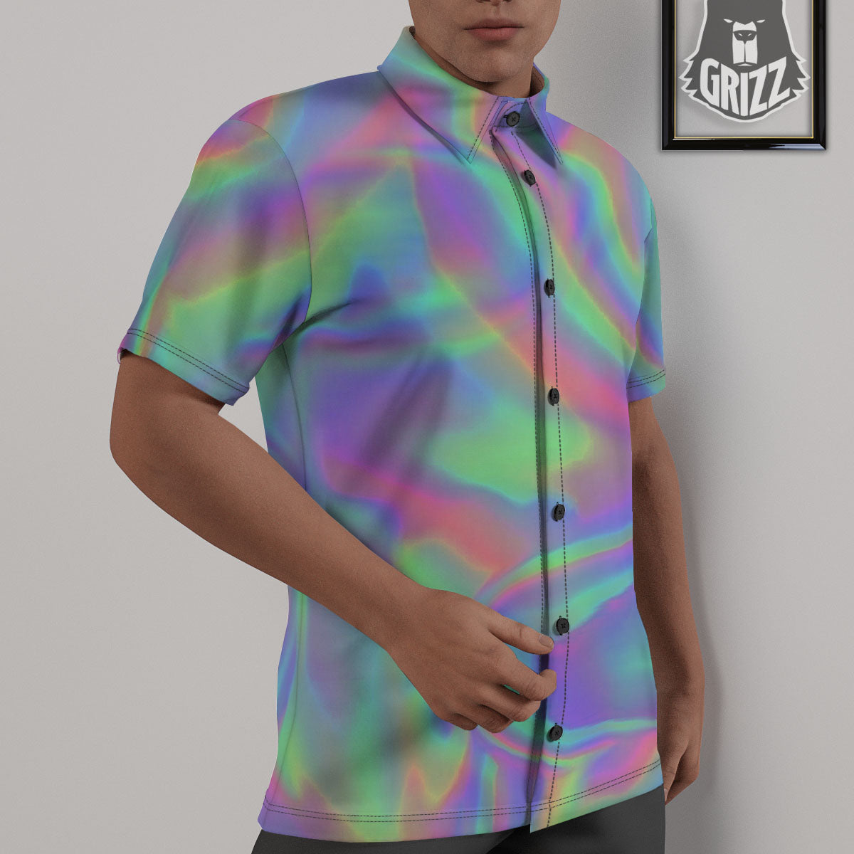 Trippy Psychedelic Holographic Print Untucked Shirts-grizzshop