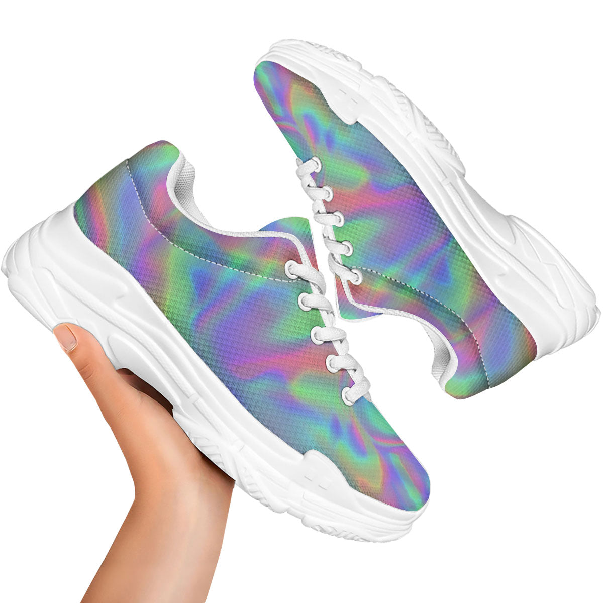 Trippy Psychedelic Holographic Print White Chunky Shoes-grizzshop