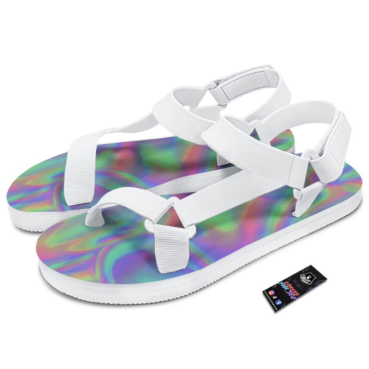 Trippy Psychedelic Holographic Print White Open Toe Sandals-grizzshop