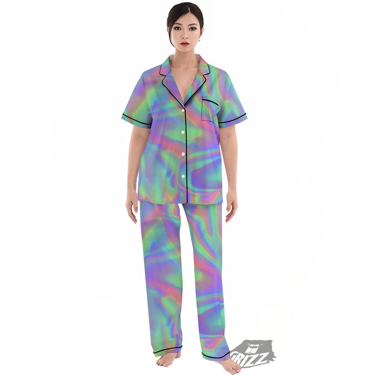 Trippy Psychedelic Holographic Print Women's Pajamas Set-grizzshop
