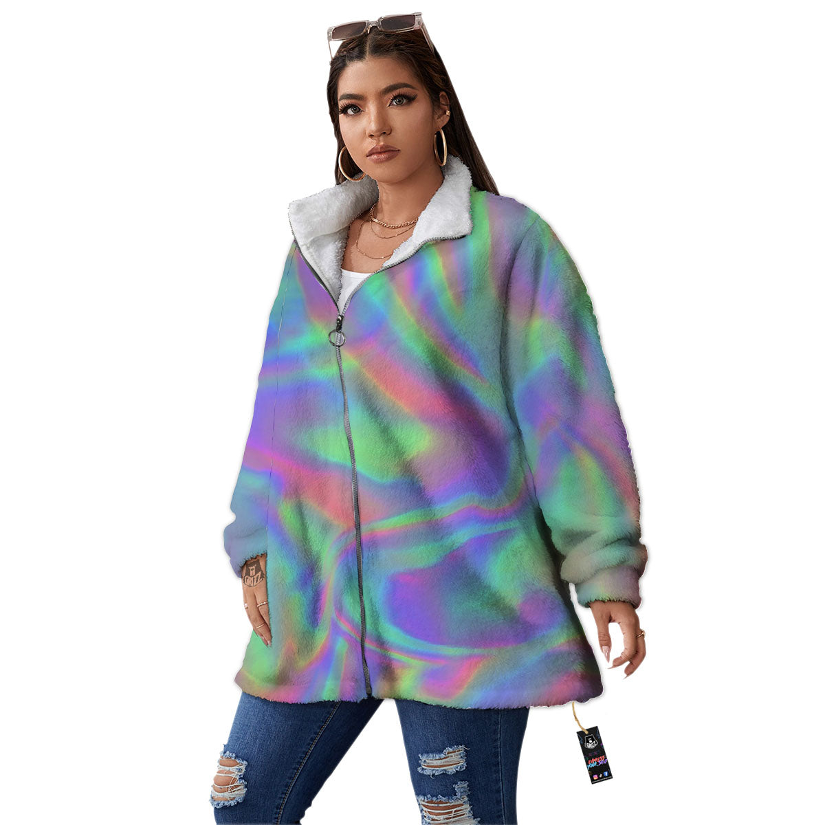 Trippy Psychedelic Holographic Print Women's Sherpa Jacket-grizzshop
