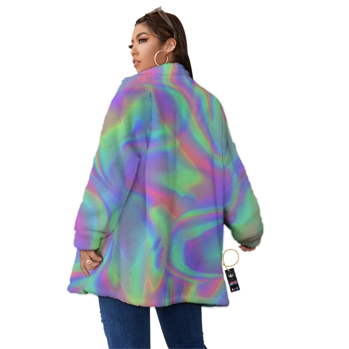 Trippy Psychedelic Holographic Print Women's Sherpa Jacket-grizzshop