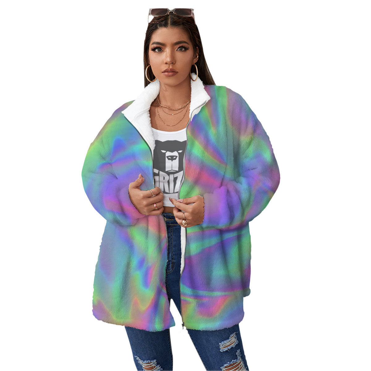 Trippy Psychedelic Holographic Print Women's Sherpa Jacket-grizzshop