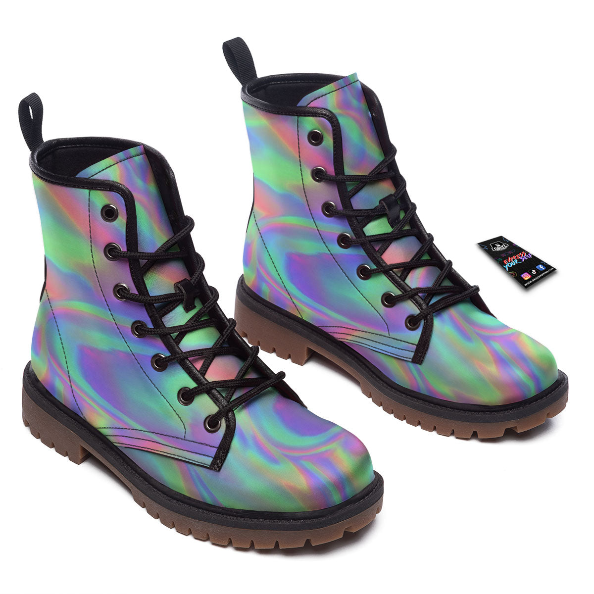 Trippy Psychedelic Holographic Print Work Boots-grizzshop