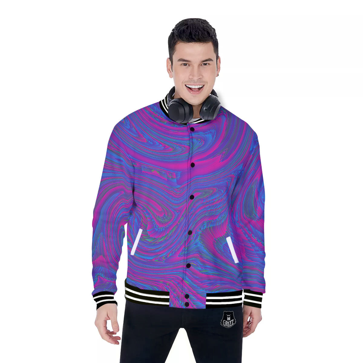 Trippy Psychedelic Purple Print Baseball Jacket-grizzshop