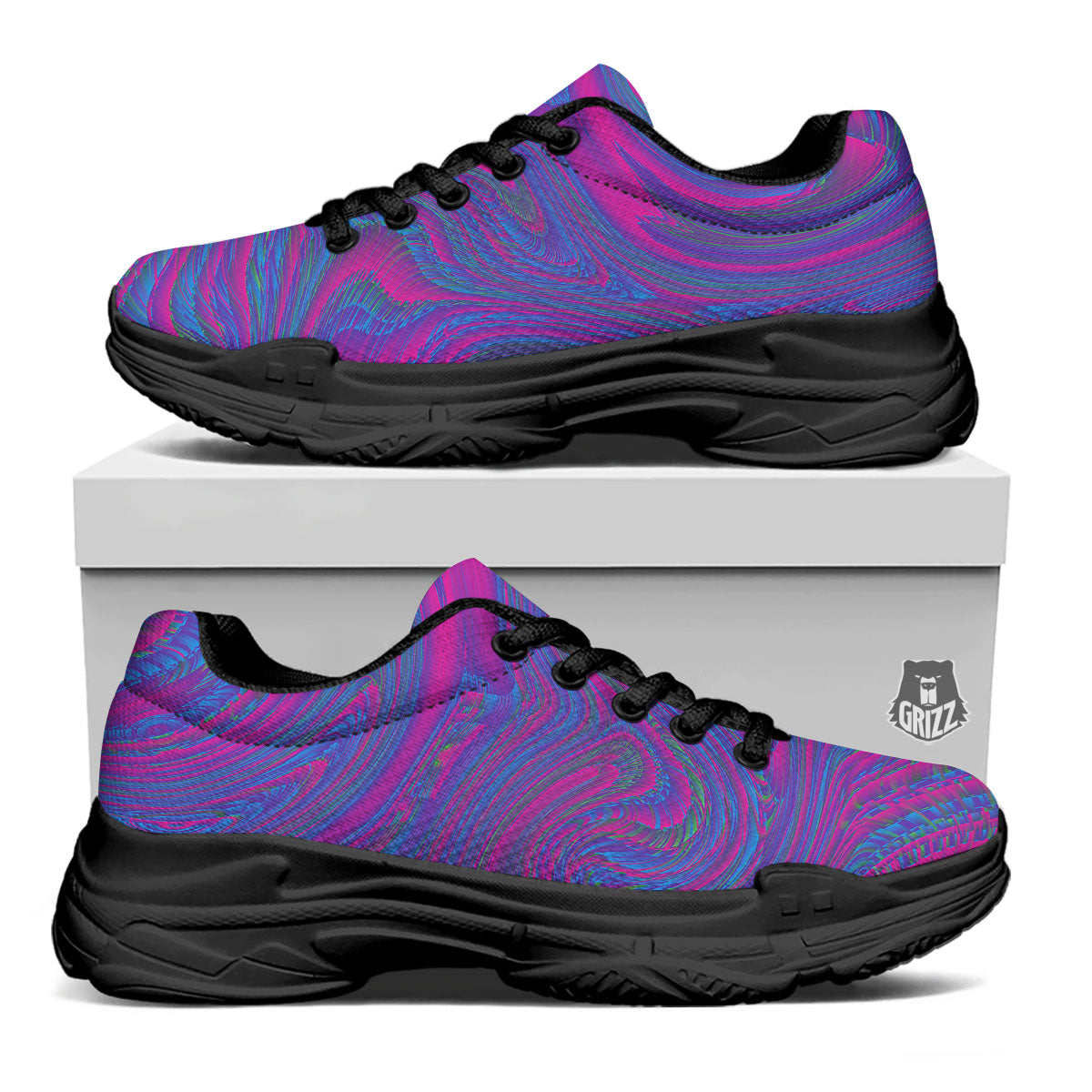 Trippy Psychedelic Purple Print Black Chunky Shoes-grizzshop