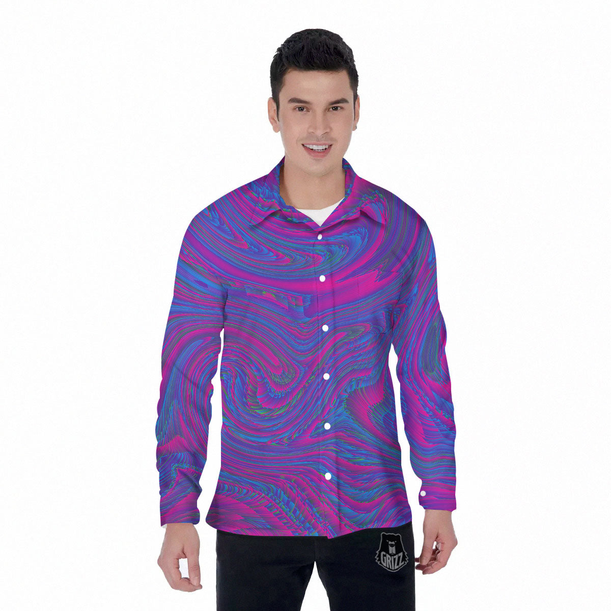 Trippy Psychedelic Purple Print Men's Long Sleeve Shirts-grizzshop
