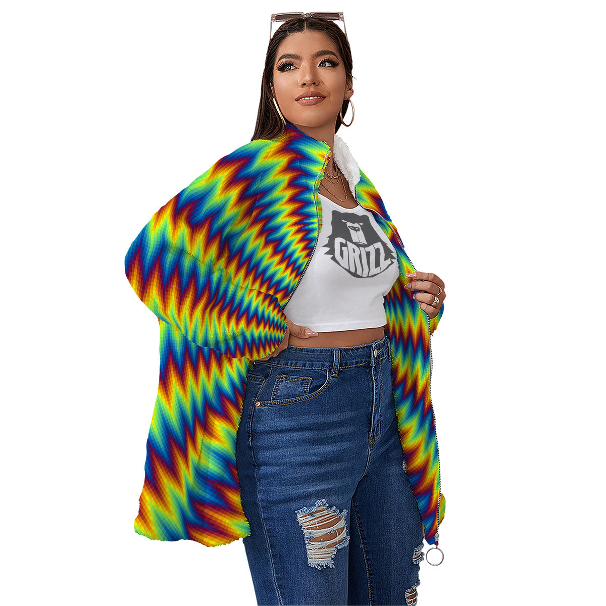 Trippy Psychedelic Rainbow Print Women's Sherpa Jacket-grizzshop