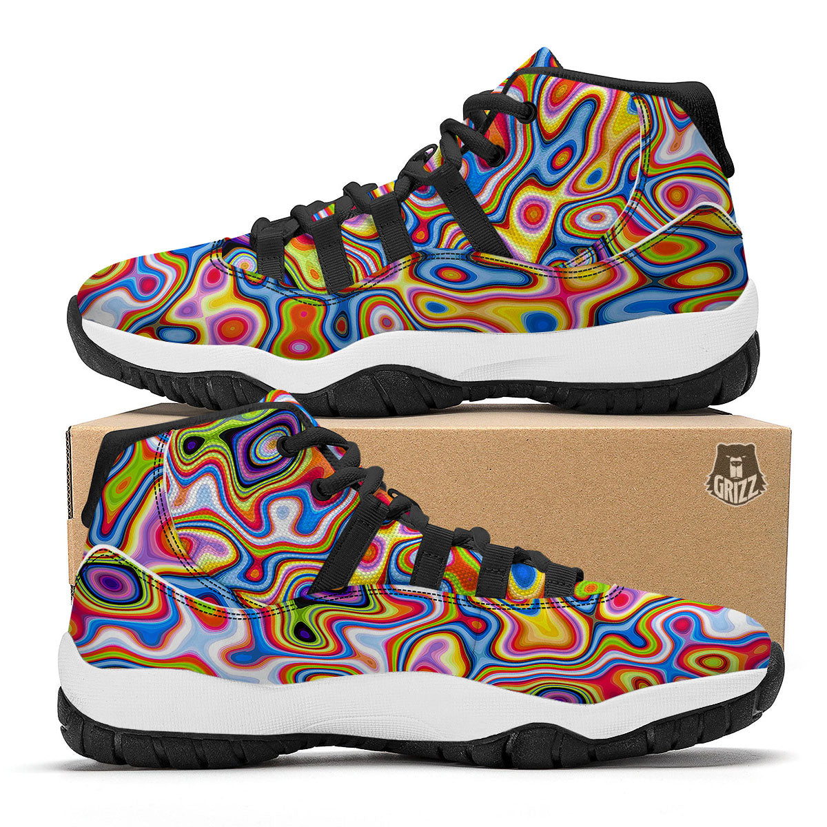 Trippy Rainbow Psychedelic Print Black Bball Shoes-grizzshop