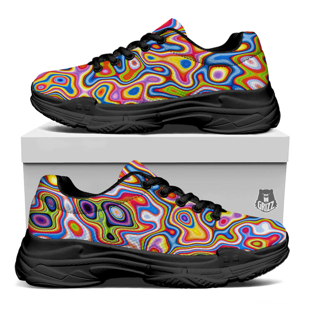 Trippy Rainbow Psychedelic Print Black Chunky Shoes-grizzshop