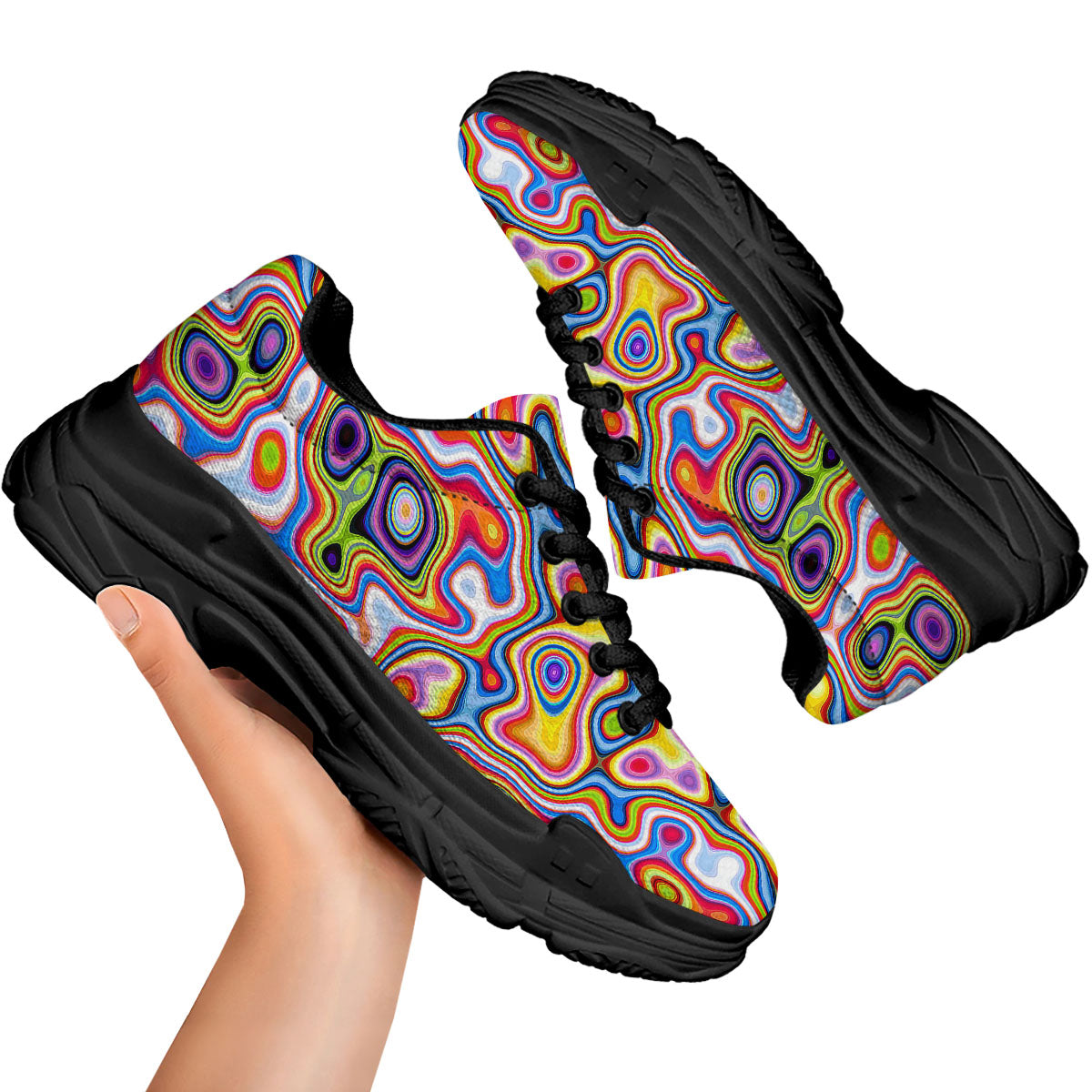Trippy Rainbow Psychedelic Print Black Chunky Shoes-grizzshop